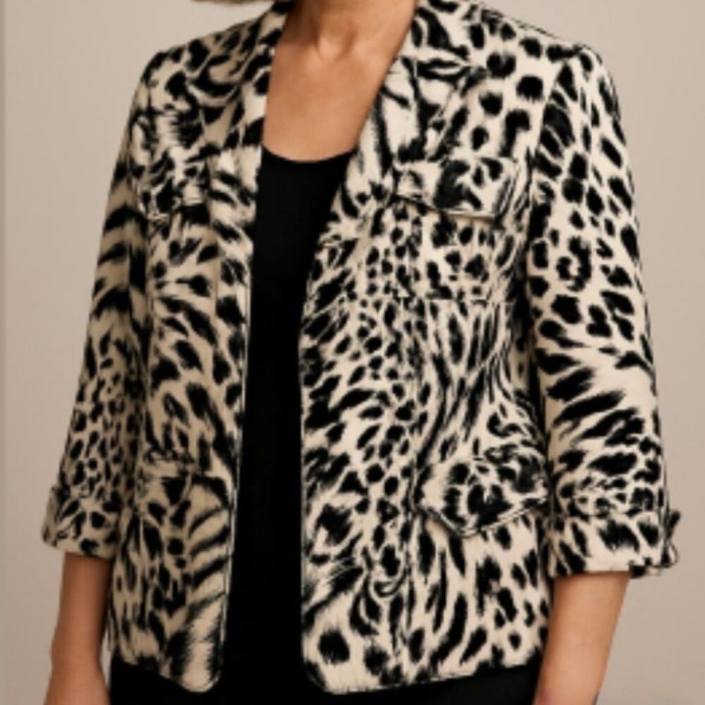 STUDIO WORKS Cream Black Animal Leopard Print Blazer Safari Jacket Petite Large